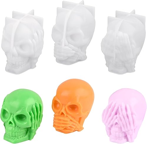 Sakolla Moldes de silicona para jabón Hear-no, Speak-no, See-no 3 moldes de calavera, moldes de silicona grandes para jabón casero de Halloween