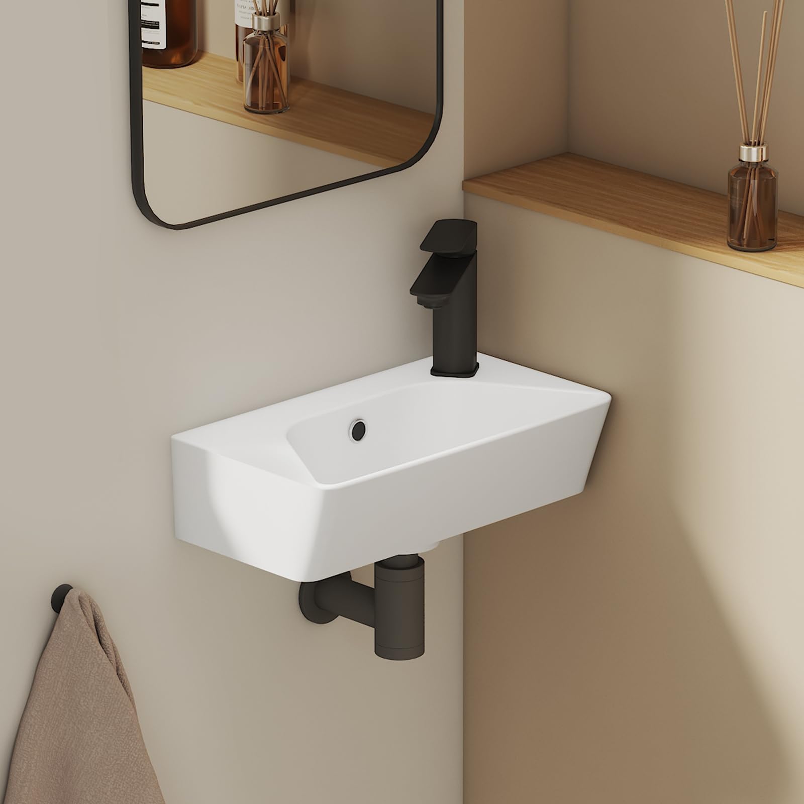 EMKE Piccolo lavandino rettangolare 40,0 × 22,5 × 13,0 cm, in ceramica, con foro per rubinetto e troppopieno, piccolo lavandino a mano, ideale per bagno e WC degli ospiti, bianco