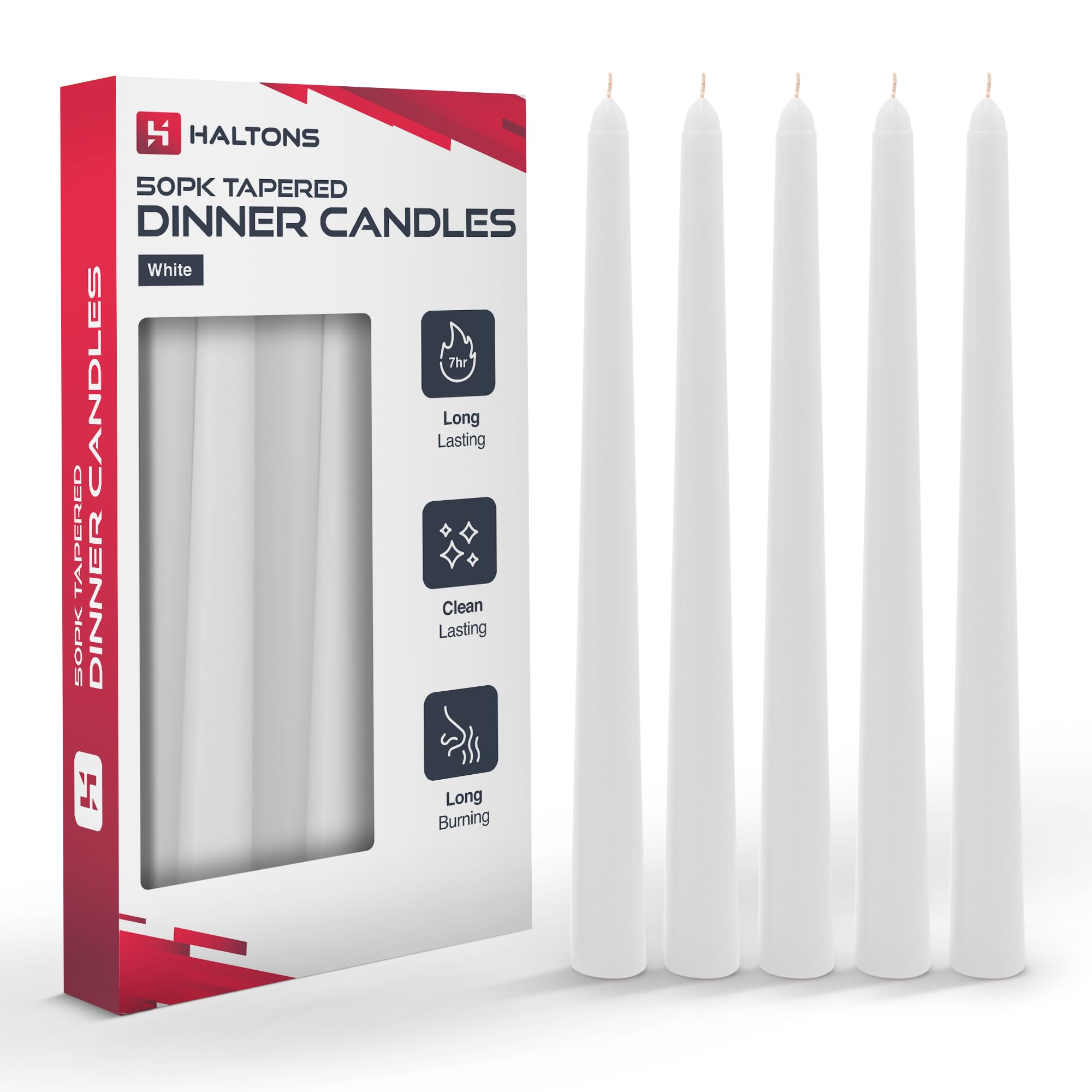 Haltons Tapered Dinner Candles - Unscented Long Candlesticks, 7-Hour Burn Time - Clean-Burning White, Green, Ivory, or Red Taper Candles - Elegant Design for Events, Weddings, and Home Decor (50 Pack)