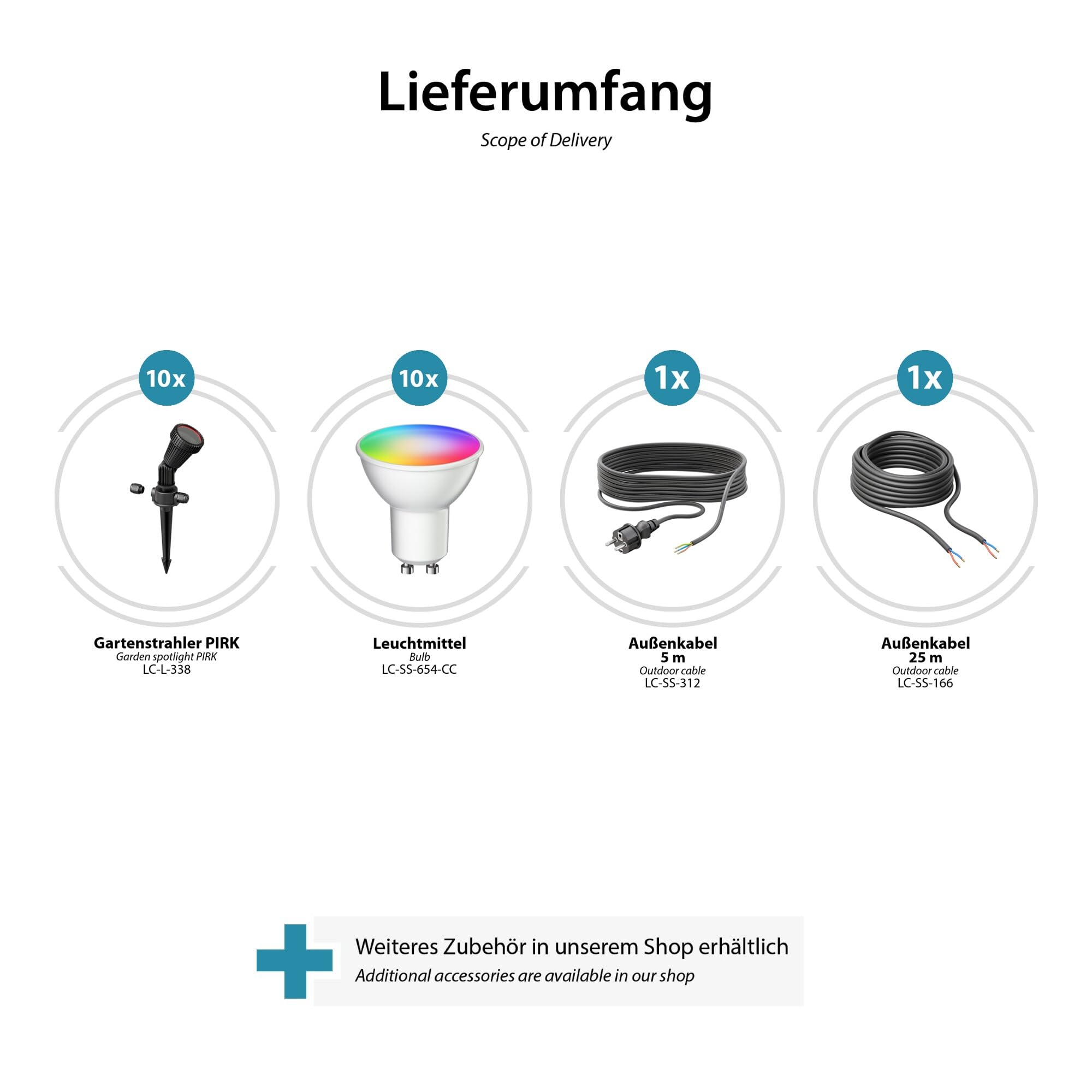 ledscom.de 10er Set Gartenstrahler mit Erdspieß PIRK, für außen, IP44, schwarz, Stecker, inkl. Smart Home RGBW GU10 LEDs je 473lm
