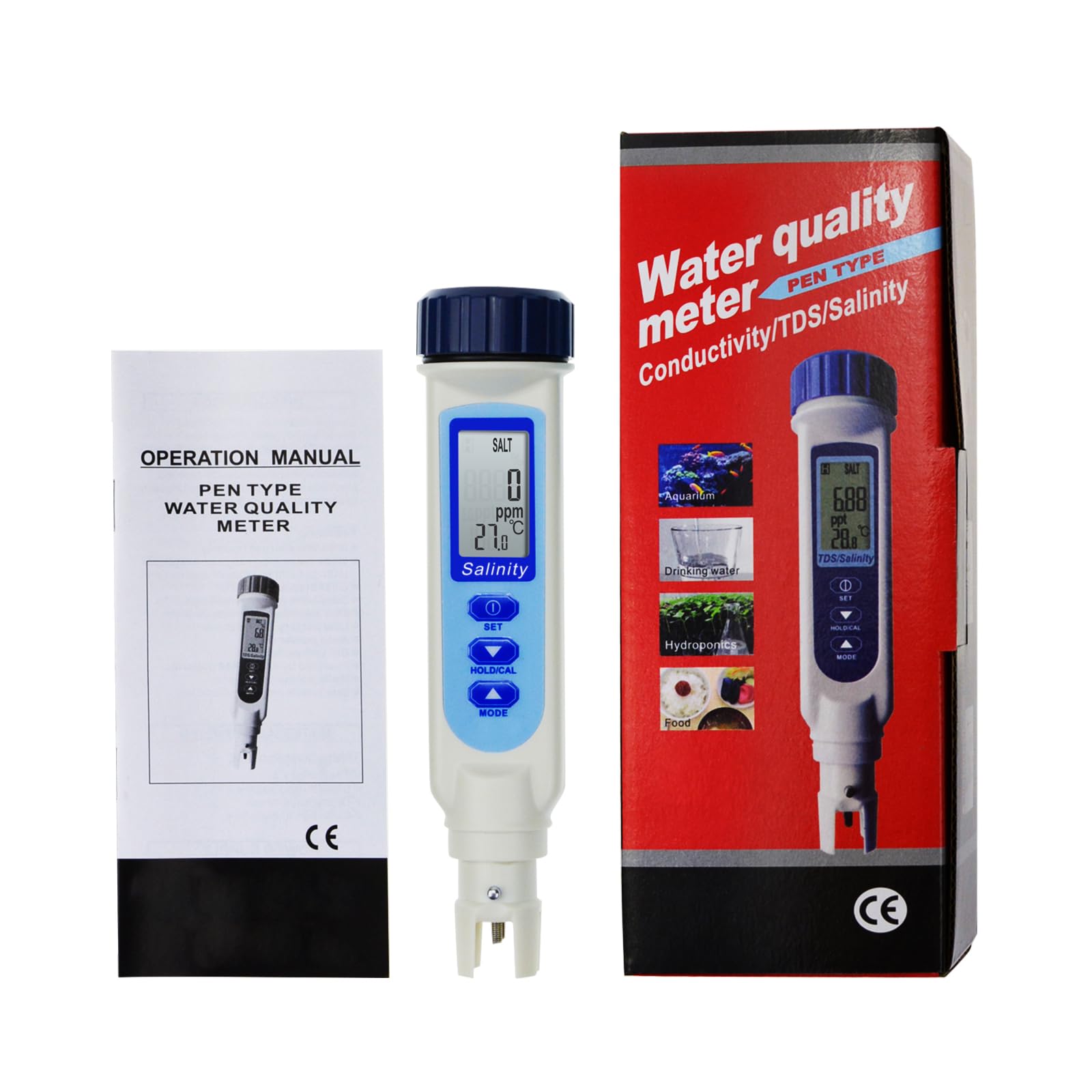 Stifttyp Salzgehalt- und Temperaturmessgerät ATC NaCl Salzwasser-Qualitätsprüfgerät für Salzwasser-Aquarium-Hydroponik-Lebensmittel (Salzgehalt-Messgerät (100.0ppt))