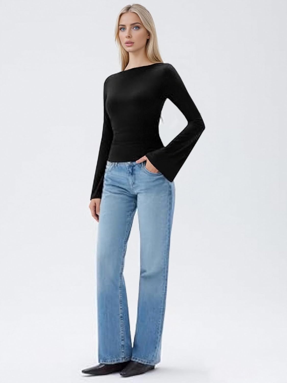 Women Sexy Bell Sleeve Tops Slim Fit Crew Neck Long Sleeve Fitted Going Out Party Club Basic T Shirts - Image 6