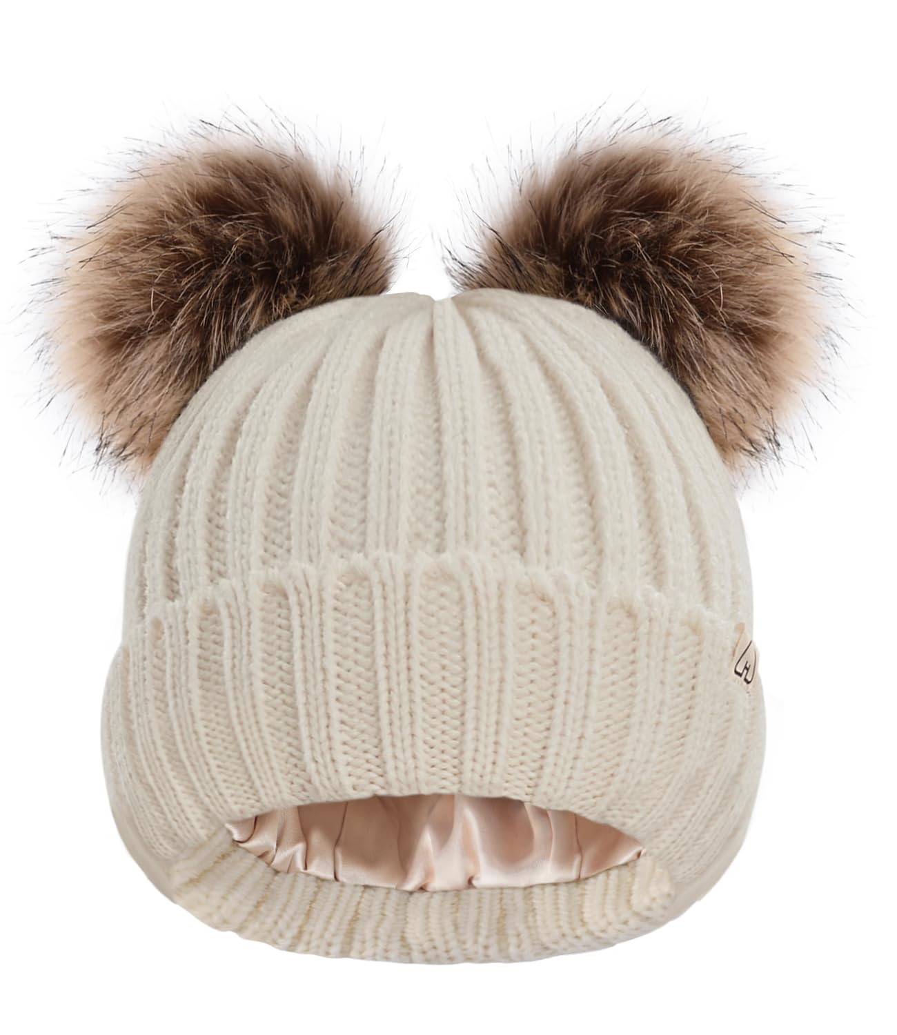 Hat Hut Women's B3-Beige 2 Poms Winter Hats For Satin Lined Beanie Hats For Bobble Hat Double Pom Pom Beanie Cap (B3-Beige 2 Poms)