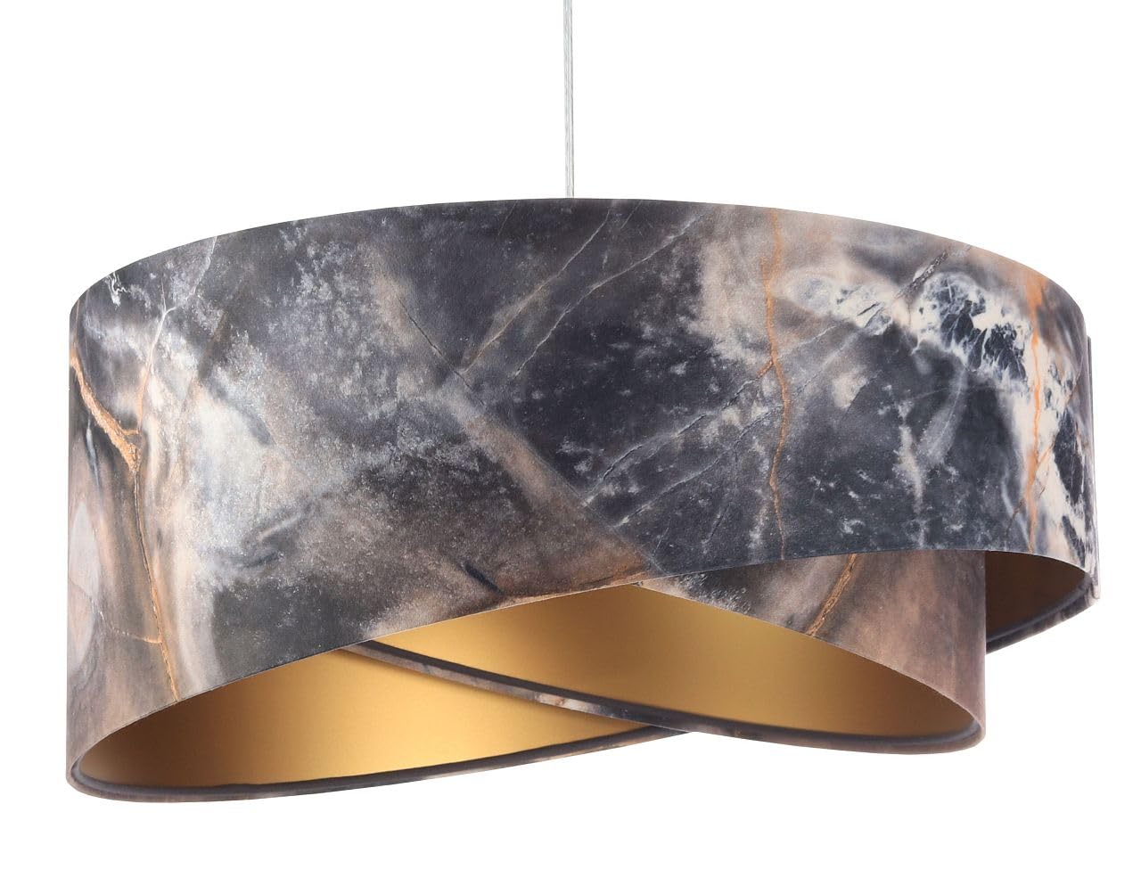 Licht-Erlebnisse Hängeleuchte E27 rund Ø 50 cm in Grau marmoriert Gold Doppelschirm Stoff Velours Optik Modern Pendelleuchte Wohnzimmer Hängelampe Esszimmer