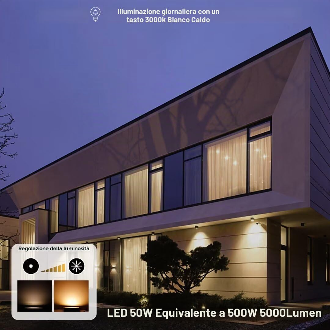 Faretto LED da Esterno 50W 4450LM, faretto che cambia colore RGBW, equivalente a 500W, luce di inondazione RGB bianca calda 3000K, Proiettori per esterni(confezione da 2)