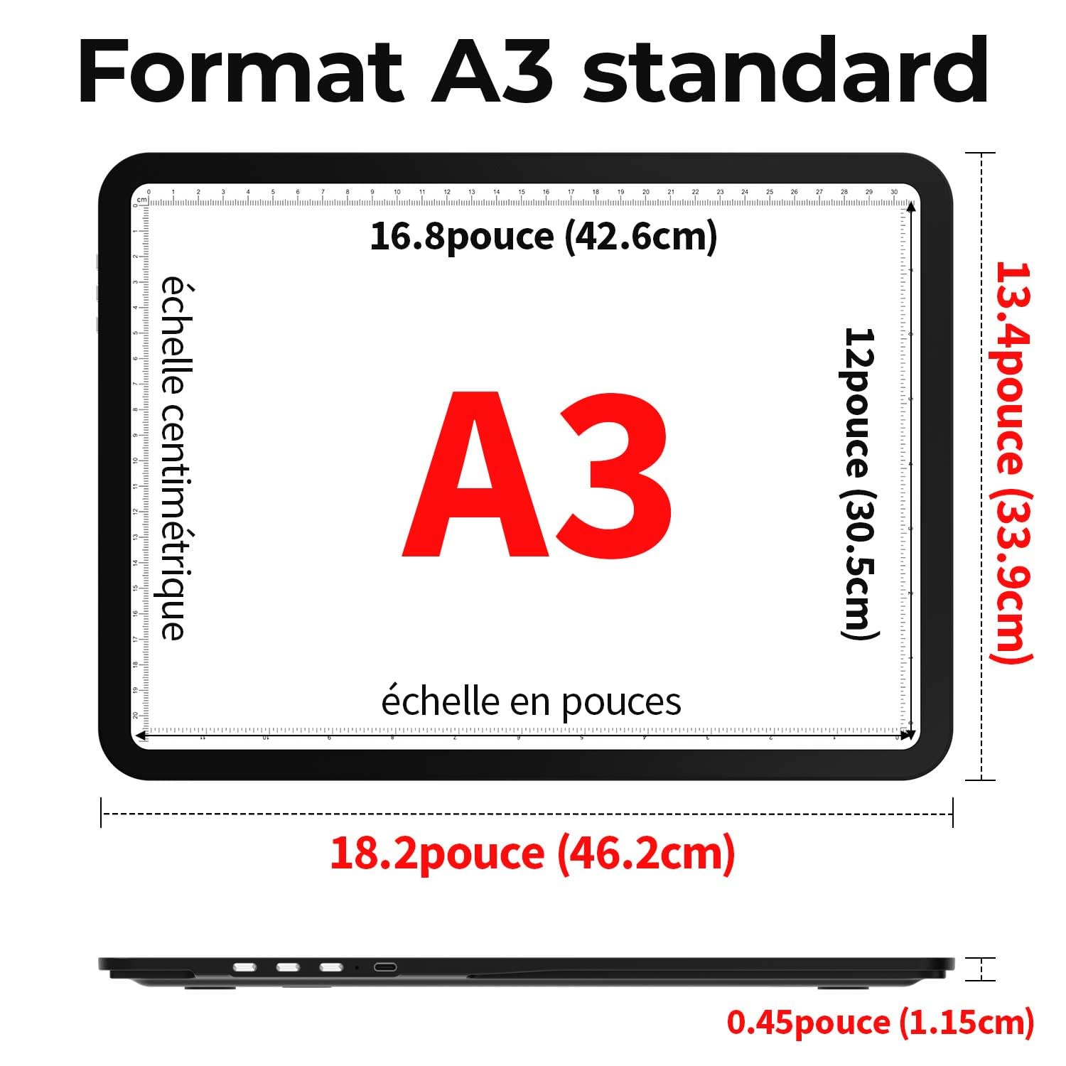 Zocelight Tableau lumineux A3 rechargeable avec sac et support, boîte à lumière magnétique super lumineuse pour le traçage, design de boutons latéraux, tampon lumineux pour peinture diamant, croquis