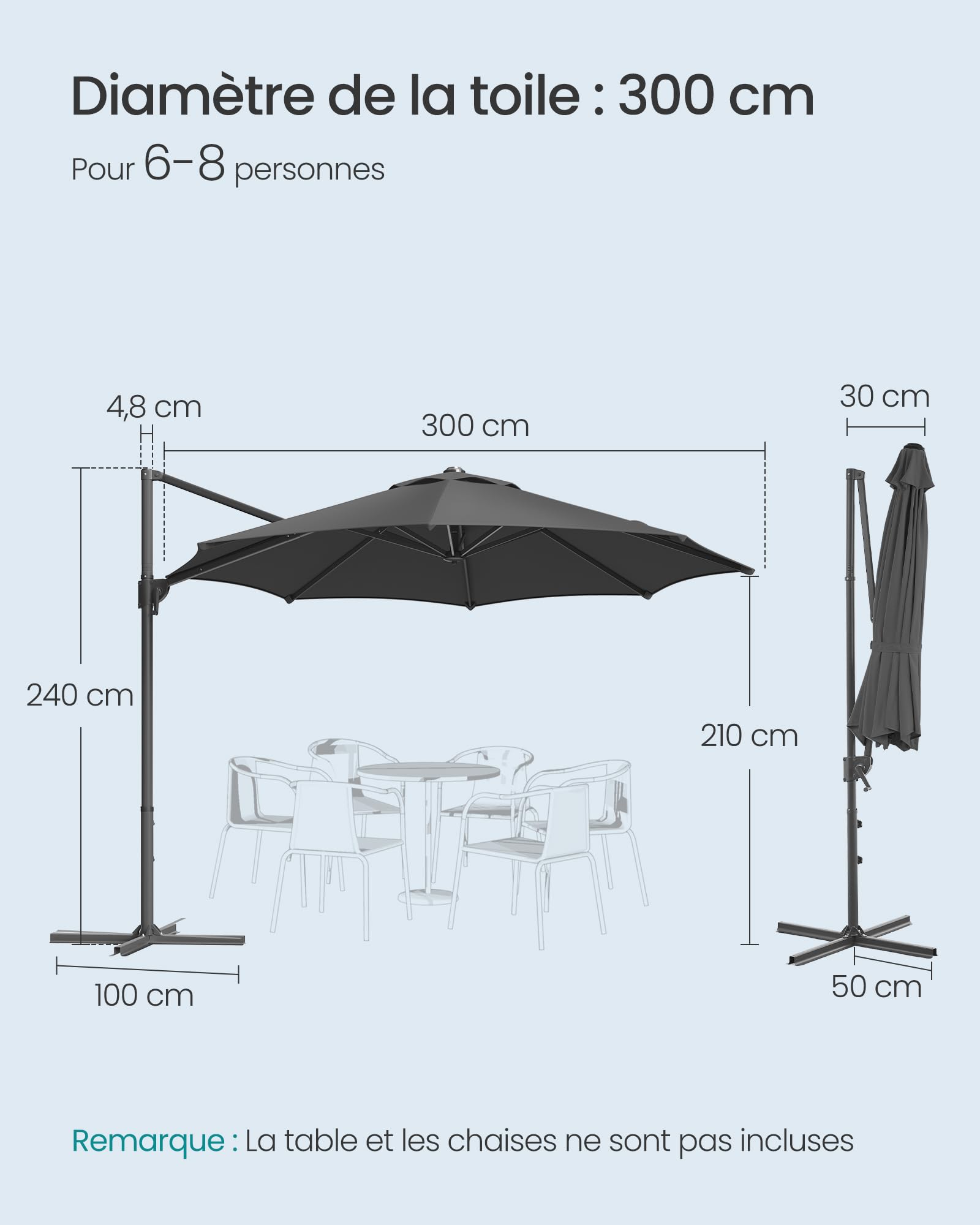 SONGMICS Parasol de Jardin 300 cm, UPF 50+, Parasol d Extérieur, Pivotant à 360°, Inclinaison Fluide, Manivelle, avec Base en Croix, Gris GPU074G02