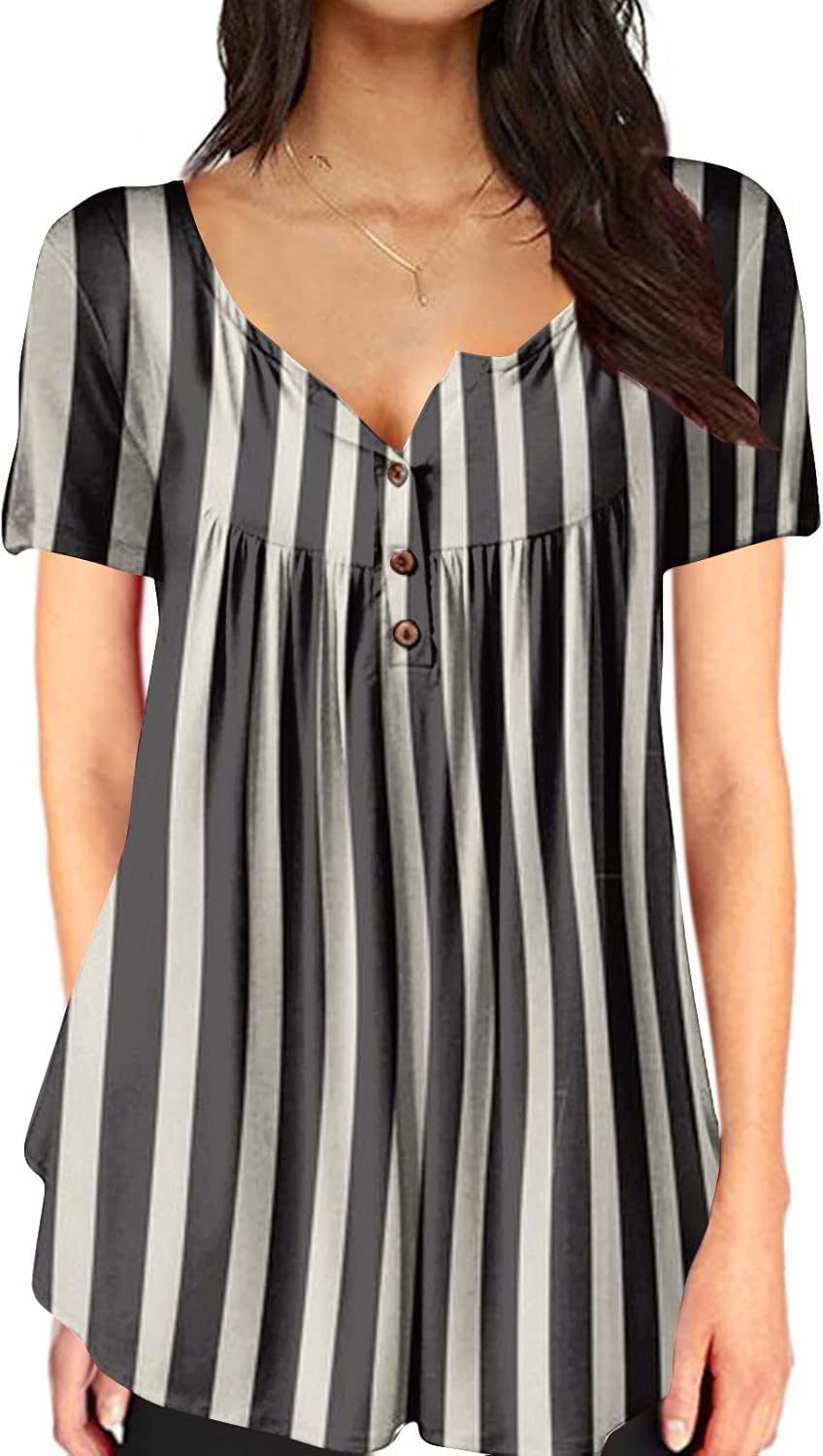 FlekmanArt Womens Button Down Retro Print Blouses Cute Flowy V Neck Pollover Breathable Hide Belly Short Sleeve T Shirt