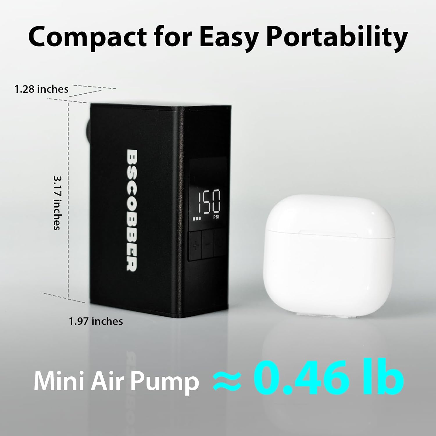 Mini Electric Bike Pump, 150PSI Portable Tire Inflator with Digital Gauge & Auto Shut-Off, Ultra-Compact Rechargeable Air Compressor for Road/MTB Bikes, Balls