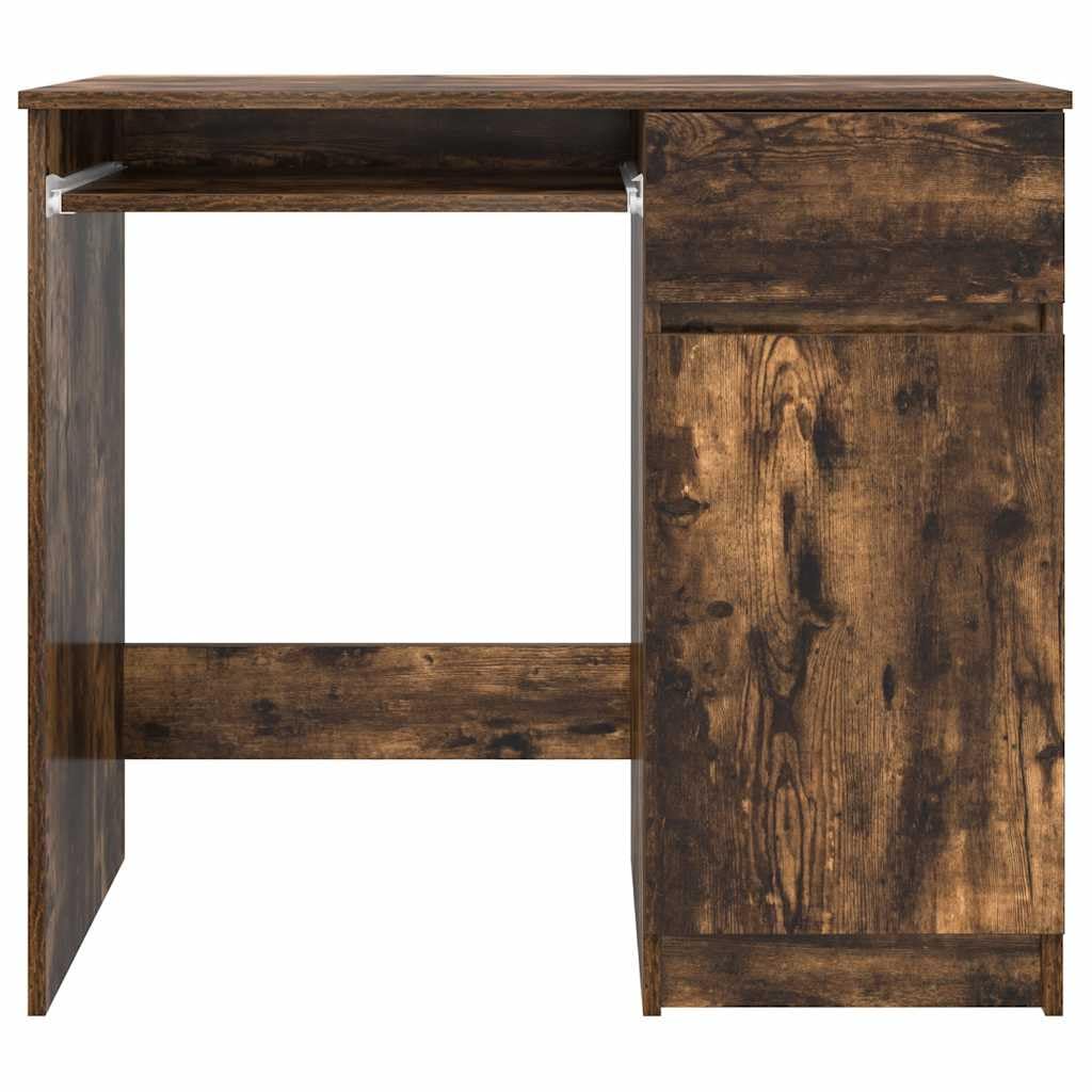 Scrivania in legno di rovere affumicato, con cassetto e mensola, 86 x 49 x 76 cm, per PC, laptop, ufficio, postazione di lavoro, casa, ufficio, spazio per tastiera, monitor da gioco