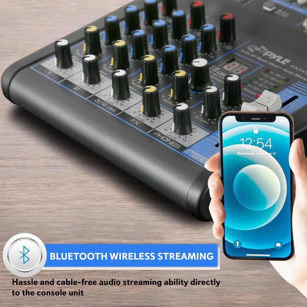 Mezclador de audio profesional con placa de sonido, interfaz de sistema de consola de 4 canales, digital, USB, Bluetooth, MP3, entrada de computadora, 48 V, Phantom Power, estéreo, DJ, Studio