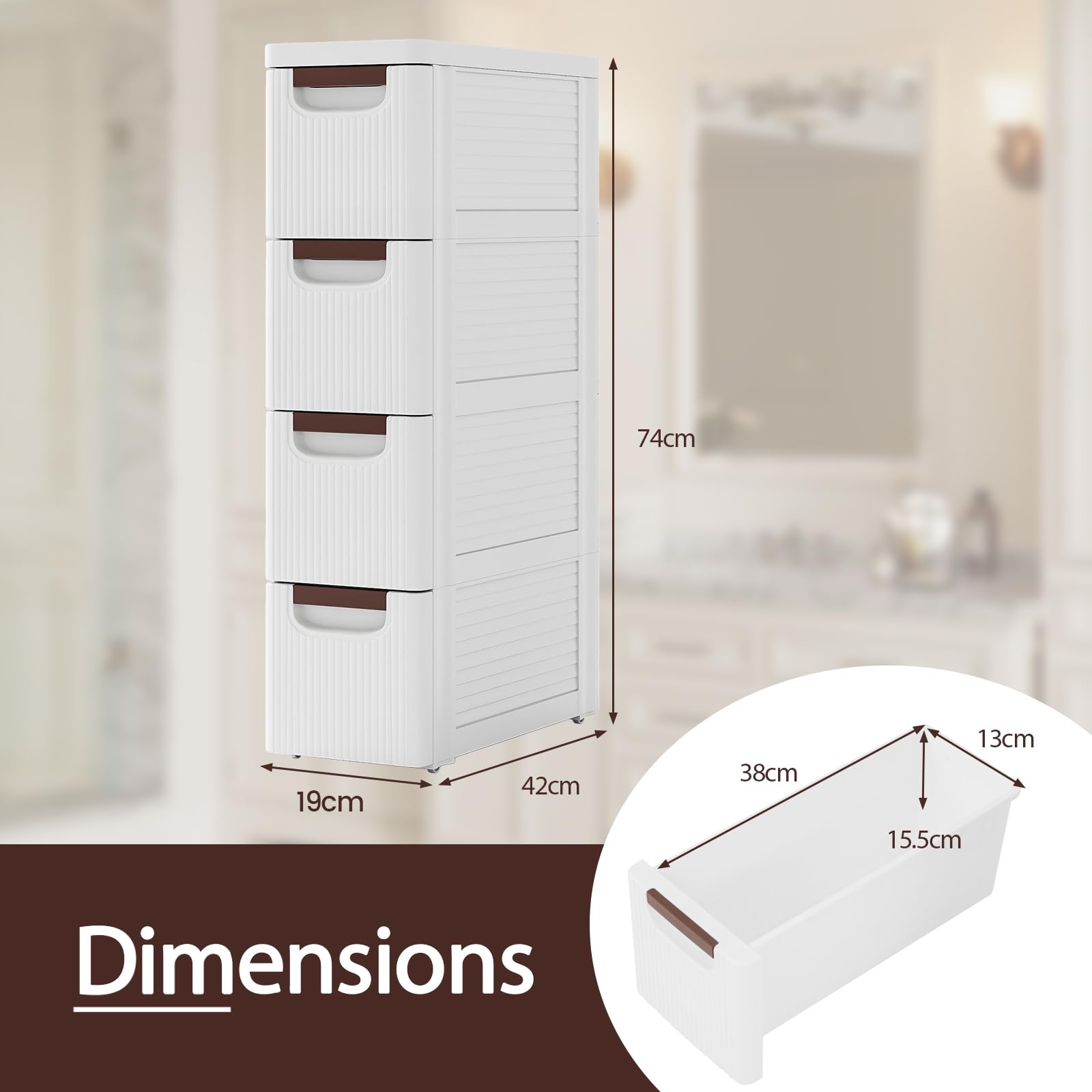 GIANTEX Mobiletto Stretto con Ruote, Carrello e Organizzatore Slim con 3/4/5/6 Cassetti per Spazi Piccoli, Cassettiera di Plastica per Soggiorno, Bagno, Cucina, Bianco (42 x 19 x 74 cm)