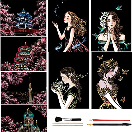 Limspace スクラッチアート スクラッチペンセット付け8枚セット スクラッチペーパー A4サイズ 削るだけで美しいアート ヒーリング 心やすらぐ アートセラピー スクラッチアートペン付き 手作り プレゼント 部屋飾り 夜の花火 都市と建築 人と桜 動物 (人と桜)