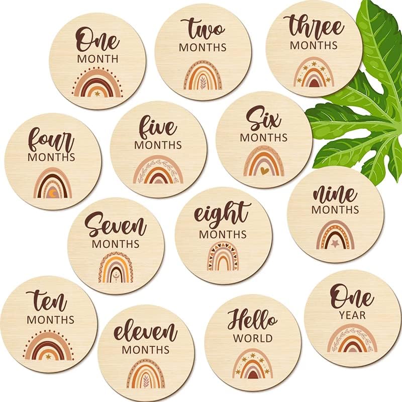 Baby Monthly Milestone Cards 13 Pcs Wooden Baby Milestone Cards Boho Rainbow Front Sided Printed Milestone Discs Wood Gift Photo Prop Discs Sets Birth Announcement Sign Newborn Photo Props