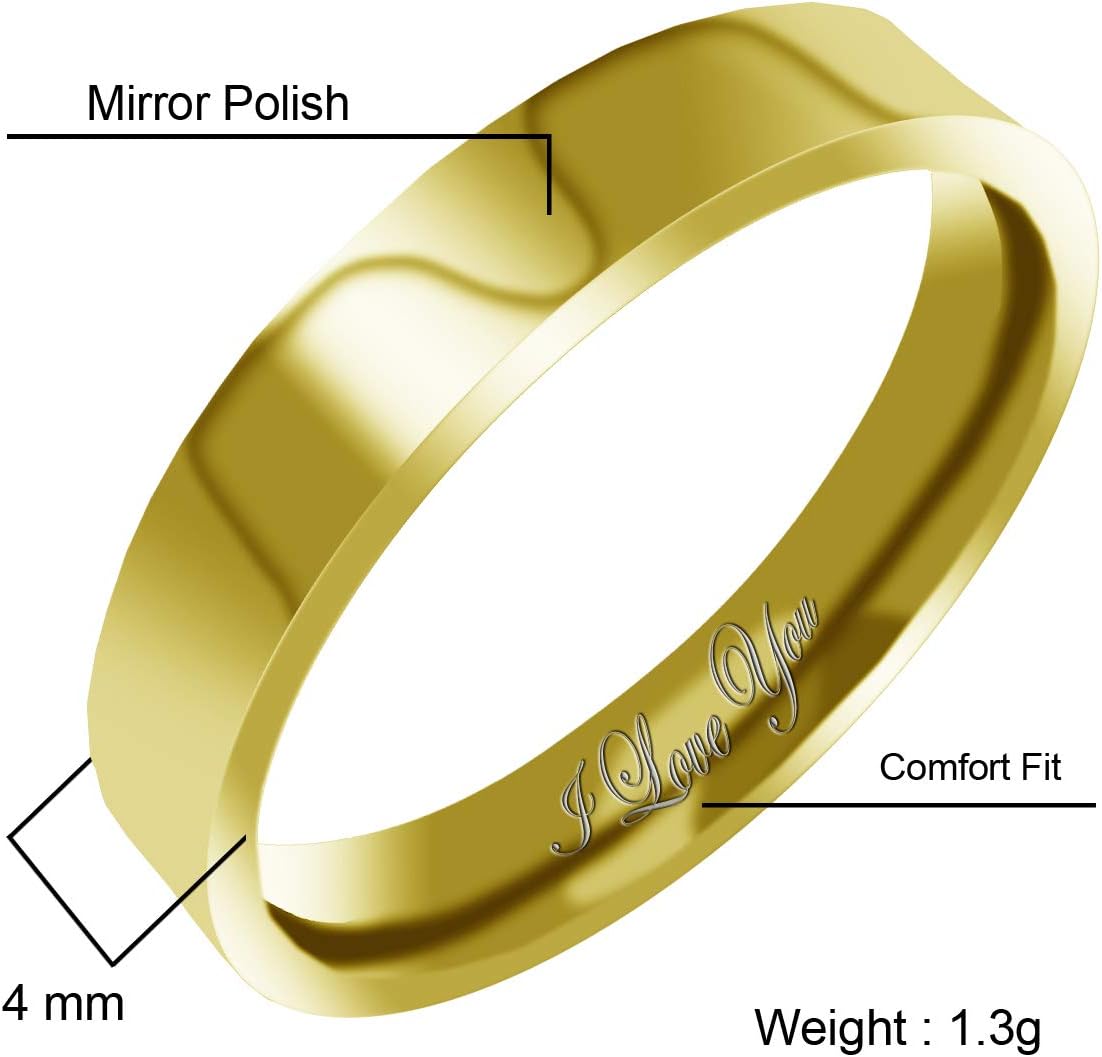 Everstone Women's Shiny Polish 4MM & 6MM Flat Promise Ring Wedding Bands Titanium Ring Color: Yellow Gold Engraved I Love You