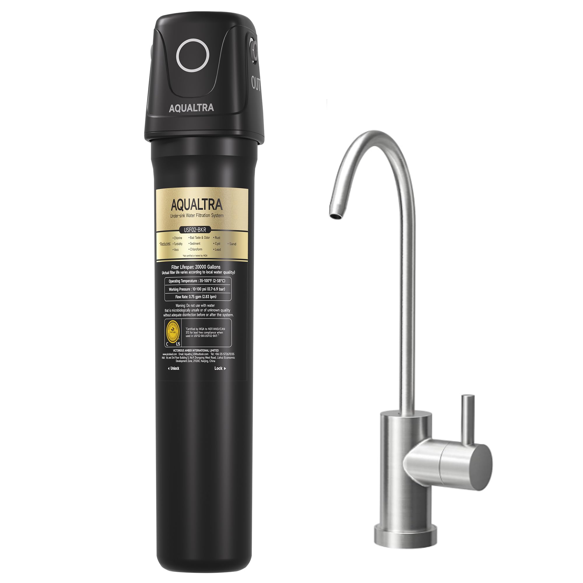 Photo 1 of AQUALTRA USF02-BKF Under Sink Filter System, 20K Gal with Faucet, NSF/ANSI/CAN 372 Certified, Reduce PFOA, PFOS, Chlorine, Lead, Mercury, Chloramine, Fluoride, Microplastic Particles, Bad Taste & Odor