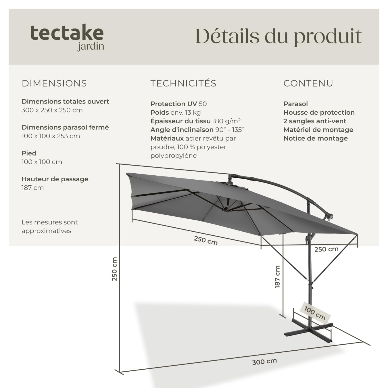 tectake® Parasol de Jardin Exterieur Parasol déporté à manivelle 2,5x2,5m, Inclinable, Protection UV 50+ Résistant au vent, Housse de protection incluse, Salon de jardin