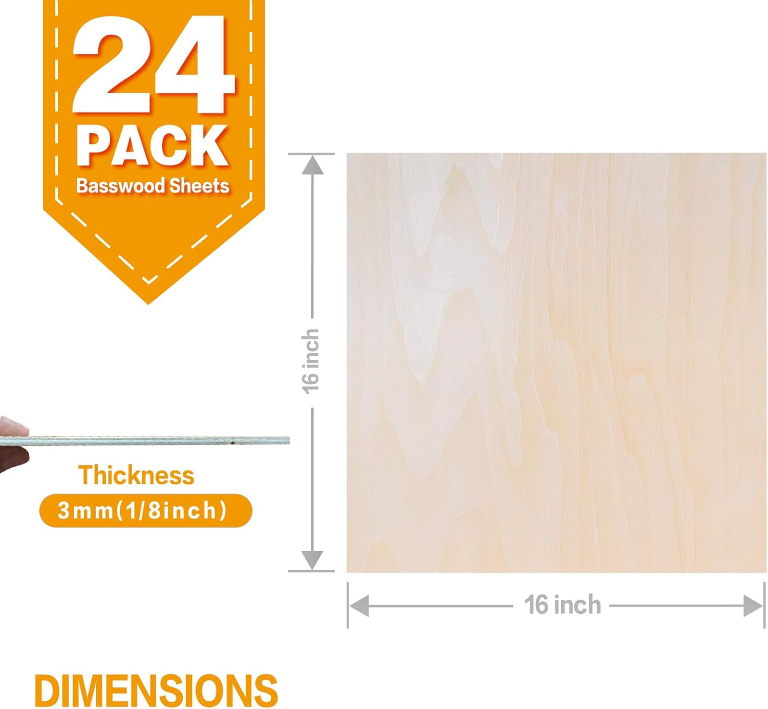 24Pack Basswood Sheets 16"x16"x1/8", 3mm Basswood for Laser Cutting, Thin Plywood Board Unfinished Wood for Crafts, DIY Architectural Models Making, Wood Engraving (24Pack-16x16inch)