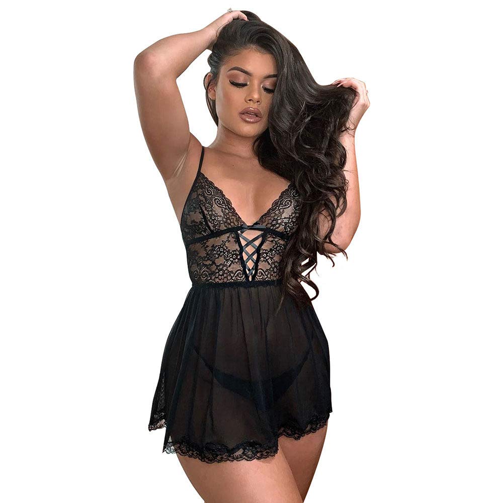 Camisón de Malla Transparente con Tanga de Encaje Calado, camisón sin Mangas, Ropa de Dormir Transparente (Negro L) S