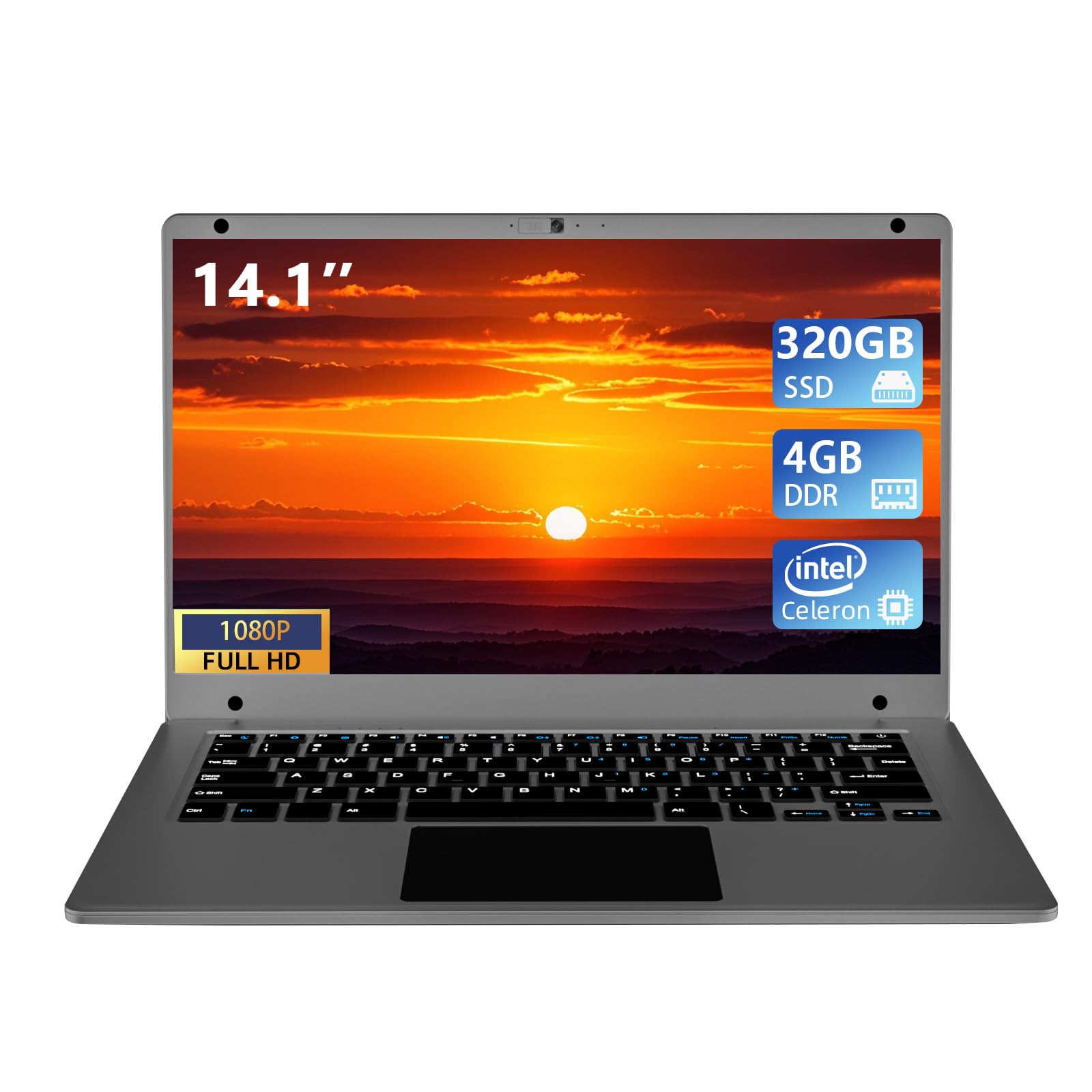 Morostron 14.1 inch Laptop Computer,Celeron Quad-Core Up to 2.2 GHz,4GB RAM and 320GB SSD,Win11 Laptop Computers with FHD IPS,Slim and Lightweight Notebook,Work and Students laptops,Gray,WPS