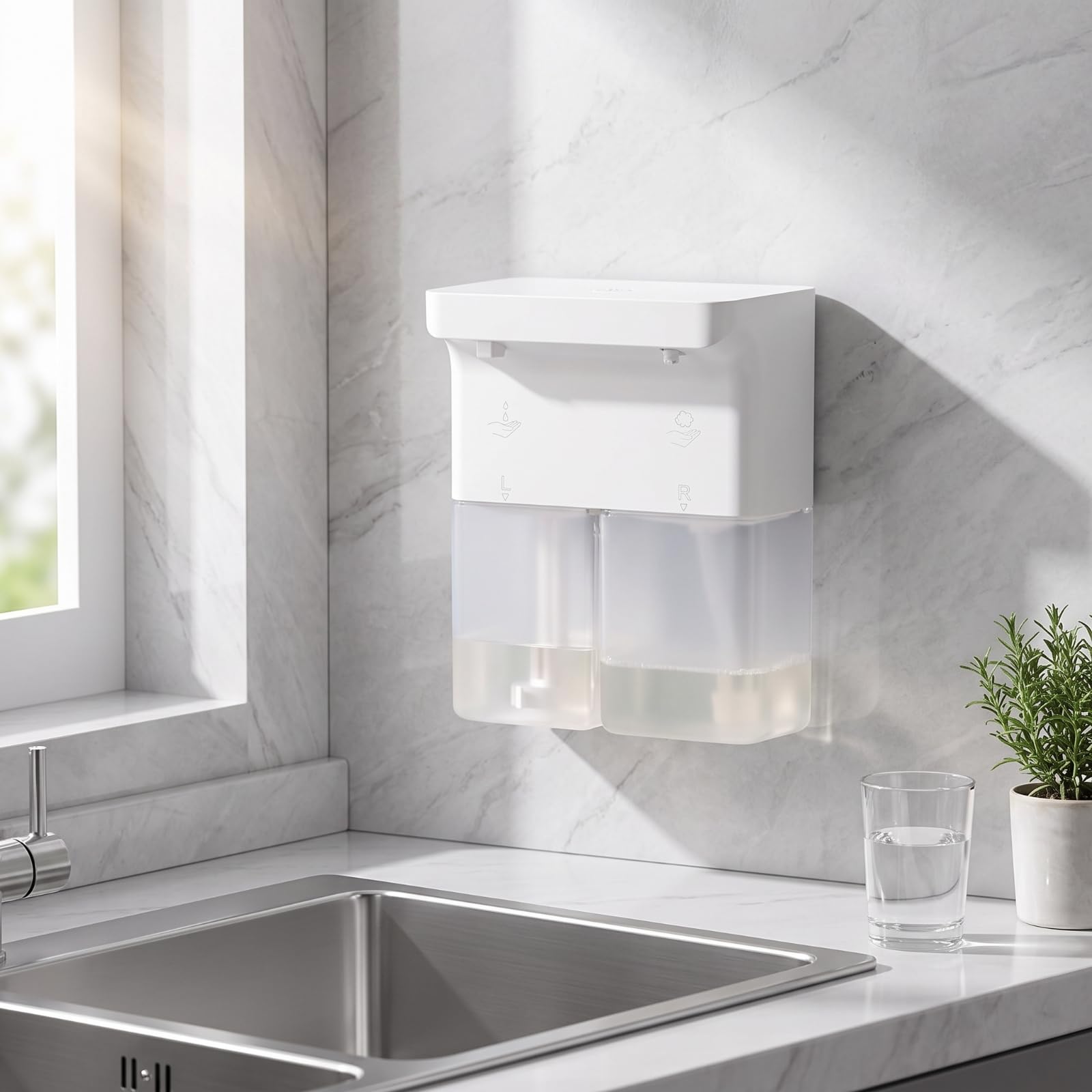 Dispenser di Sapone con Doppio Serbatoio, Modello Con Doppia Erogazione Di Liquido Liquido + Liquido