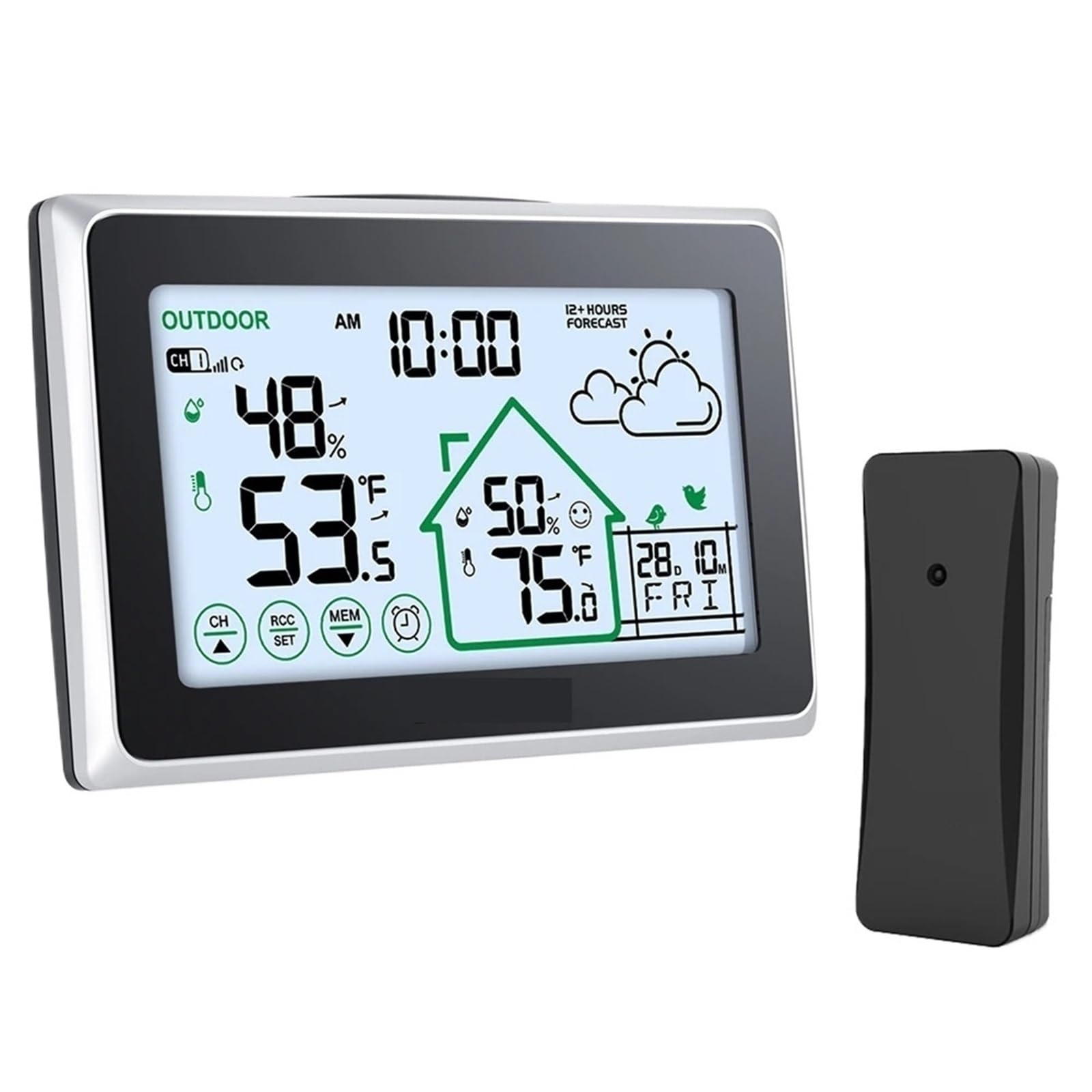 Estaciones meteorológicas, estación meteorológica inalámbrica, pantalla LCD táctil Digital DCF, reloj de pared, termómetro para Interior y Exterior, higrómetro, Sensor de previsión