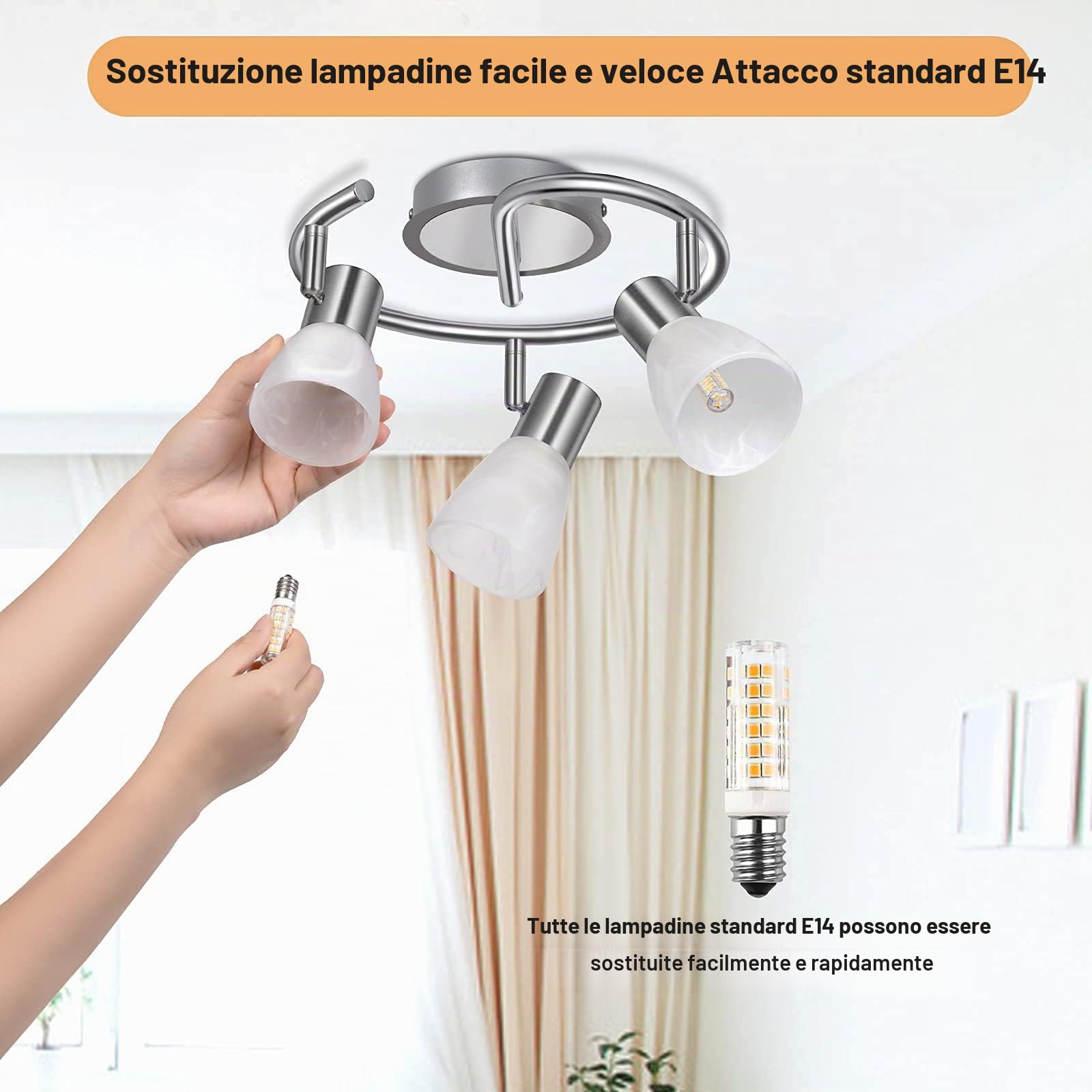 Plafoniera 3 Faretti Orientabili, Lampada da Soggiorno con 3 Luci LED E14, Rotonda, Girevole, Illuminazione Interna per Cucina, Bagno, Corridoio, Senza Lampadine