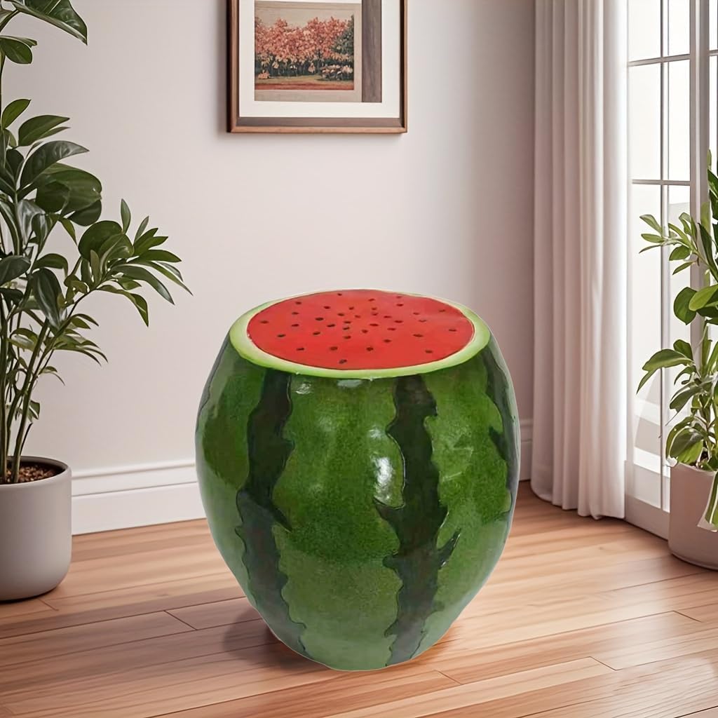 Watermelon Resin Stool, 13.4" Decorative Fruit Side Table, Indoor Outdoor Garden Seat, Plant Stand Accent Furniture, Weather-Resistant Novelty Home Decor