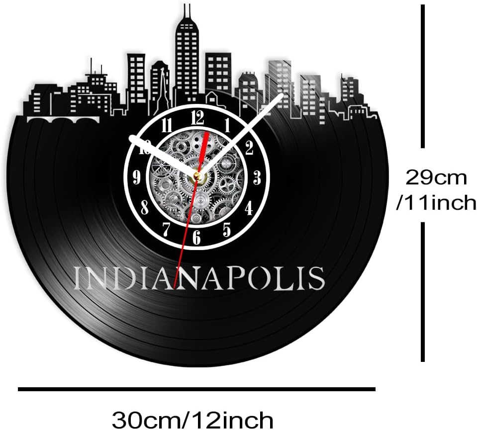 The Geeky Days Indianapolis Cityscape Vinyl Record Wall Clock for Dorm Office Room Indiana Skyline Retro Artwork Silent Timepieces USA Home Decor Handicraft Music Album Wall Clock New Apartment Gift