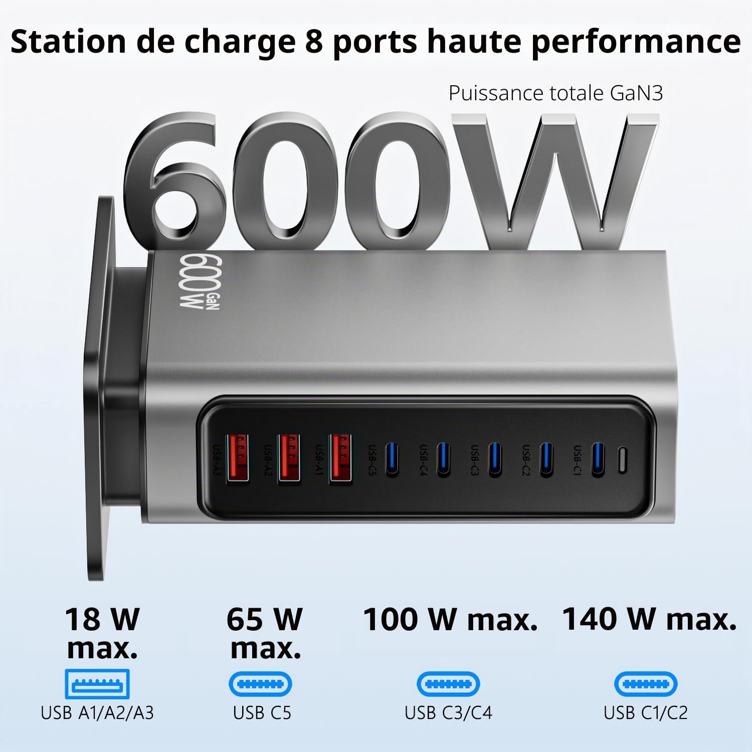Chargeur USB C Multiple 600W, Station de Charge Bureau GaN 8 Ports avec GaN Tech 140W, Alimentation PD PPS QC Compatible avec MacBook, Laptop, iPhone, Samsung etc.