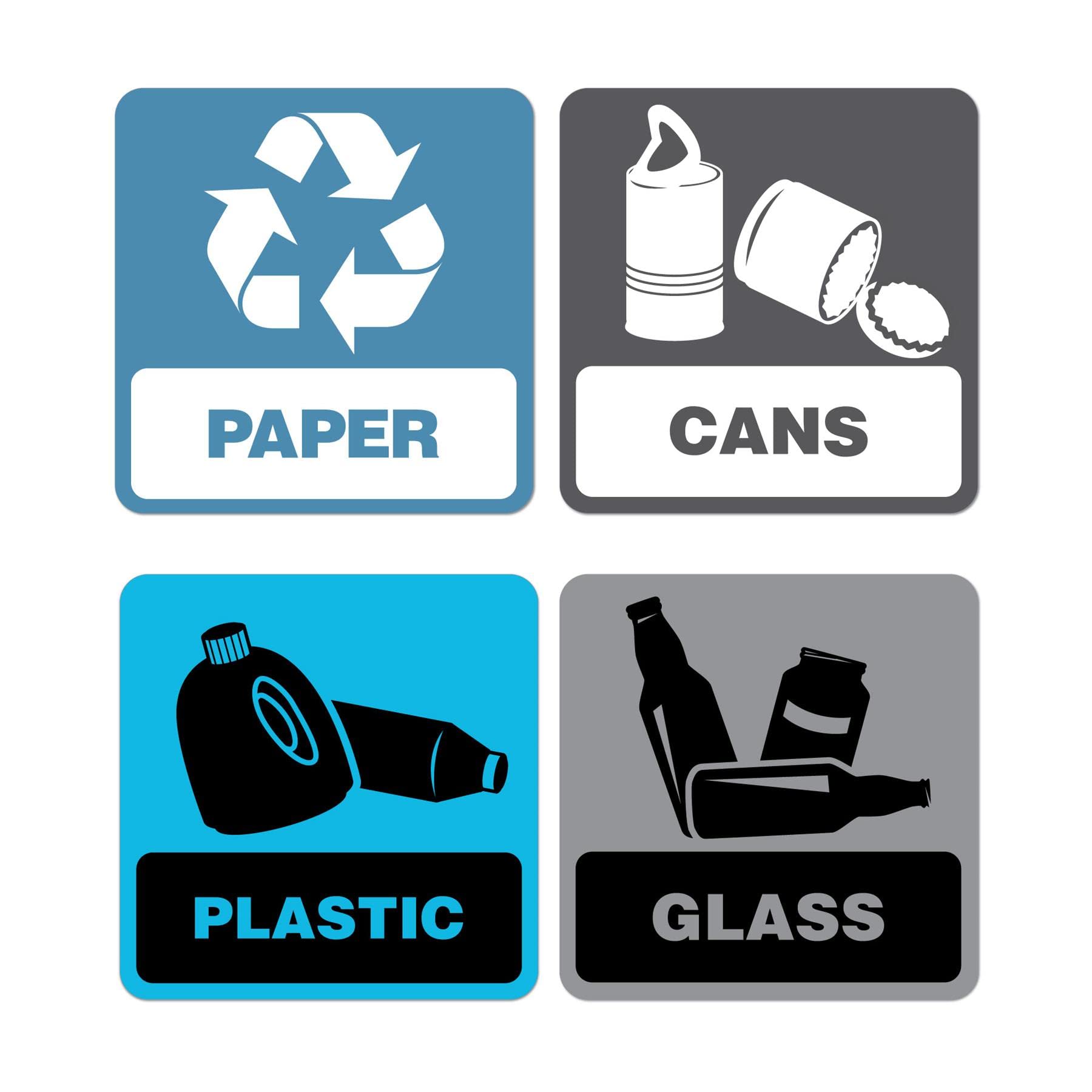 Recycle Trash Cans Garbage Paper Plastic Glass Pack of 4 Aqua Grey Bin Sticker Decal
