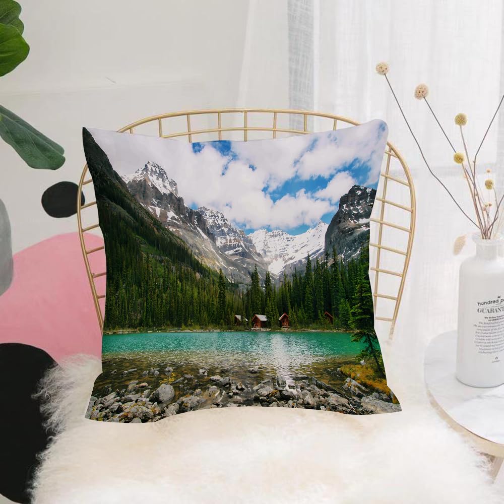 HYOSXW Cushion Cover,Throw Pillow Case Home Decorative for Living Room Bedroom Sofa Chair 16X16 Inch,A Picturesque Wilderness Scene Clear Waters, Majestic Mountains, and Rustic Cab,Pillowcase 40X40cm