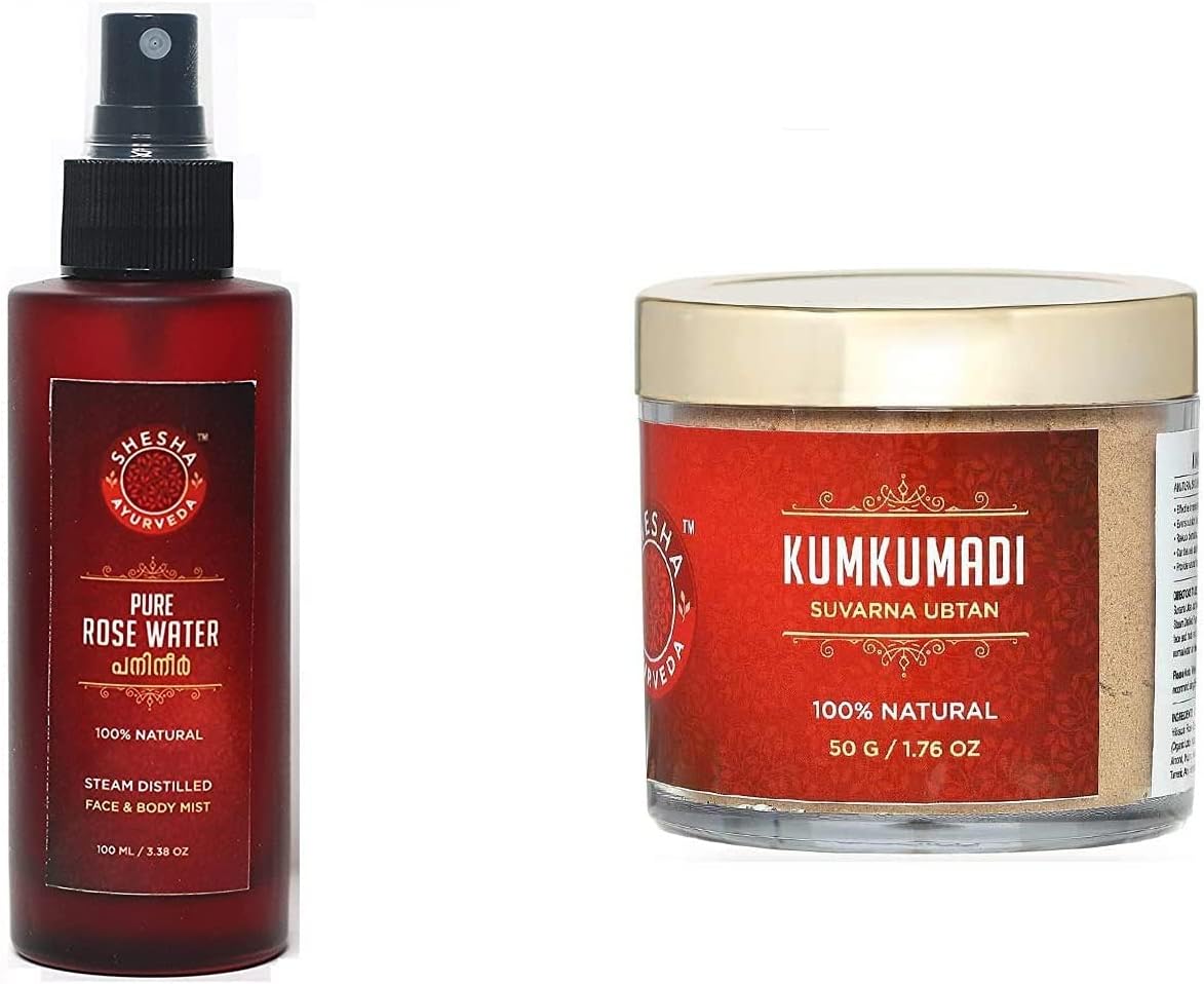 Shesha Ayurveda Pure Rose Water Steam Distilled -GLASS BOTTLE 100ml- 100% Natural -Gulab Jal (rose water + Kumkumadi Suvarna)