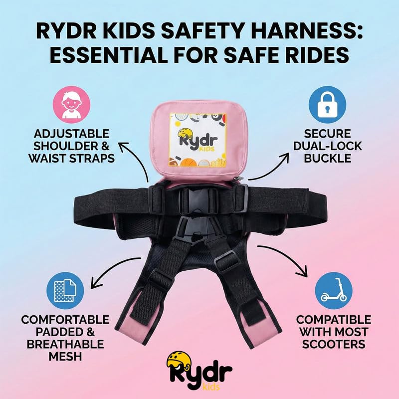 Image of RYDR Premium Motorcycle Safety Harness for Kids (2-12 Years) Adjustable Two-Wheeler Safety Belt for Child Rider with Reflective Strip & Storage Pocket (Pink, with Pocket)