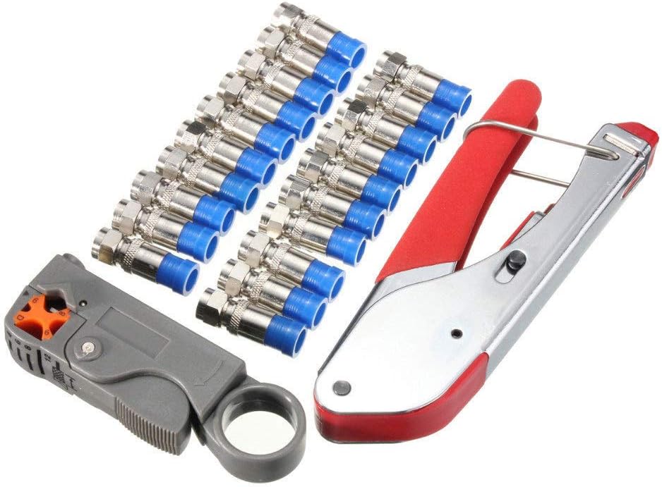 22PCs Cable Crimping Tool Set, Multifunction Crimper with Coaxial F - Head Crimping Plier and Wire Stripper for RG6 Cable TV Satellite Antenna CCTV Broadband Wiring