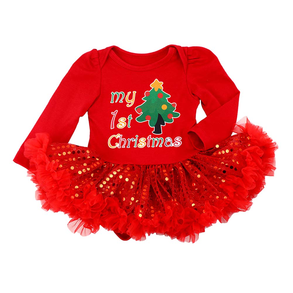 IMEKIS Baby Mädchen Mein 1. Vestito di Natale Body Tutu Abito Pagliaccetto Fascia Scarpe Natale Costume Principessa Compleanno Party Outfit Fotoshooting Set Rot + Baum 3-6 Mesi