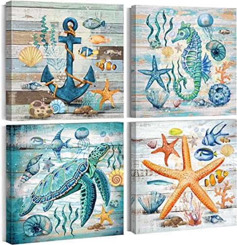 Ocean Wall Art Blue Beach Bathroom Nursery Wall Decor Teal Nautical Artwork Sea Turtle Themed Pictures Coastal Art for Kids Bedroom Living Room Dining Room Octopus Painting Wall Decorations Set of 4