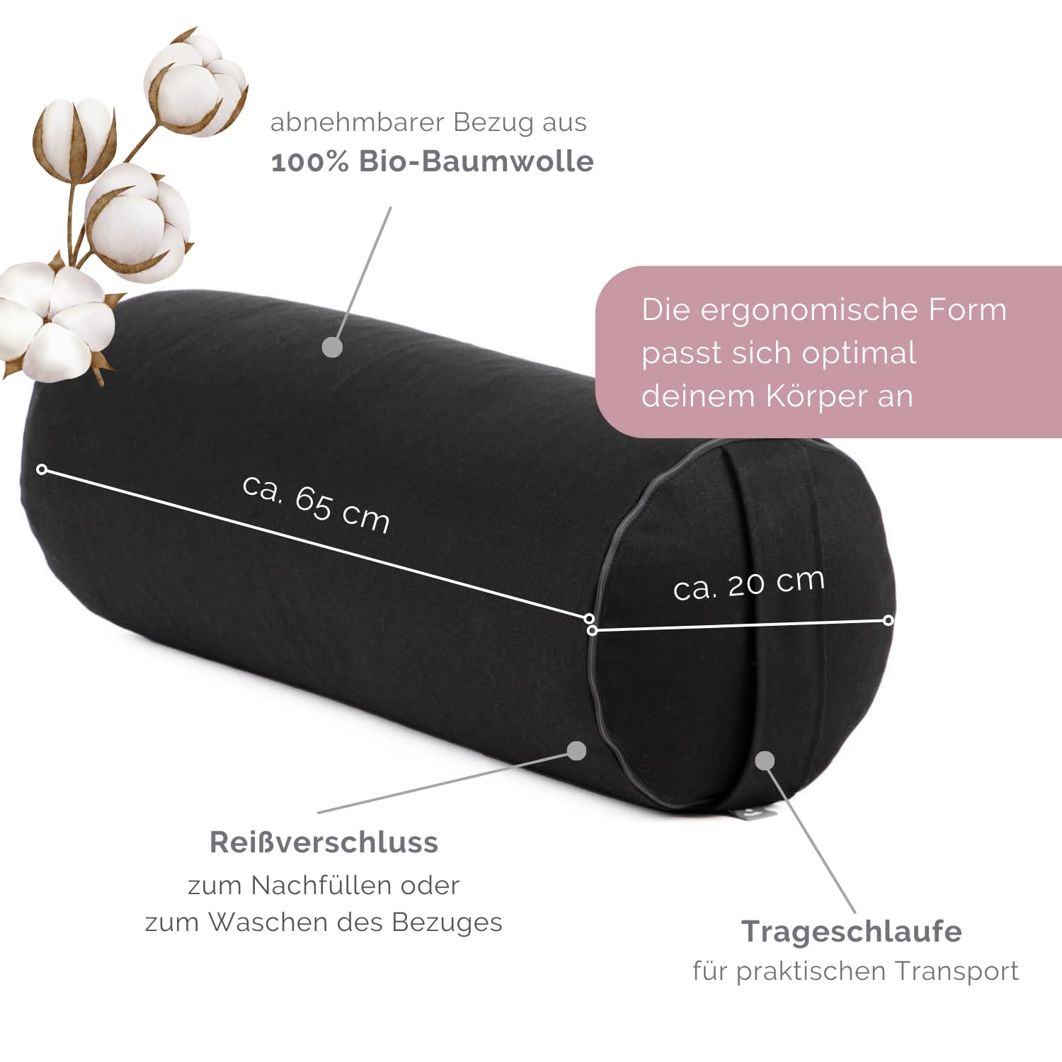 bodhi | Yoga Bolster ECO | 100% biologische katoen | Yogarol met biologische speltvulling | Wasbaar | Rond yogakussen voor restauratief yoga oefeningen | Groot 65 x 20 cm (zwart