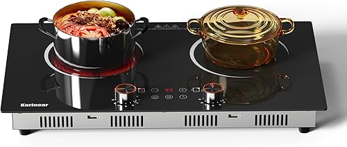 Karinear Placa eléctrica de 2 quemadores, estufa eléctrica de 110 V, control de perilla de 2000 W y sensor táctil placa eléctrica para encimera o