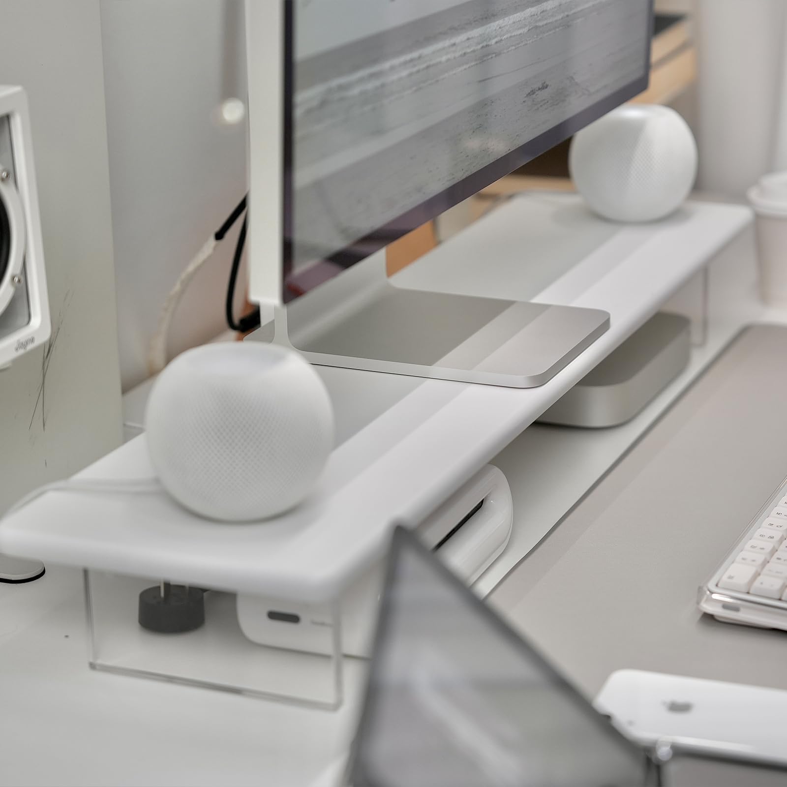 Bambus-Monitorständer mit Acrylfüßen für Schreibtisch, 31,5 Zoll Desktop-Ablage für PC-Monitore, Laptops, Drucker, Lautsprecher (Weiß)
