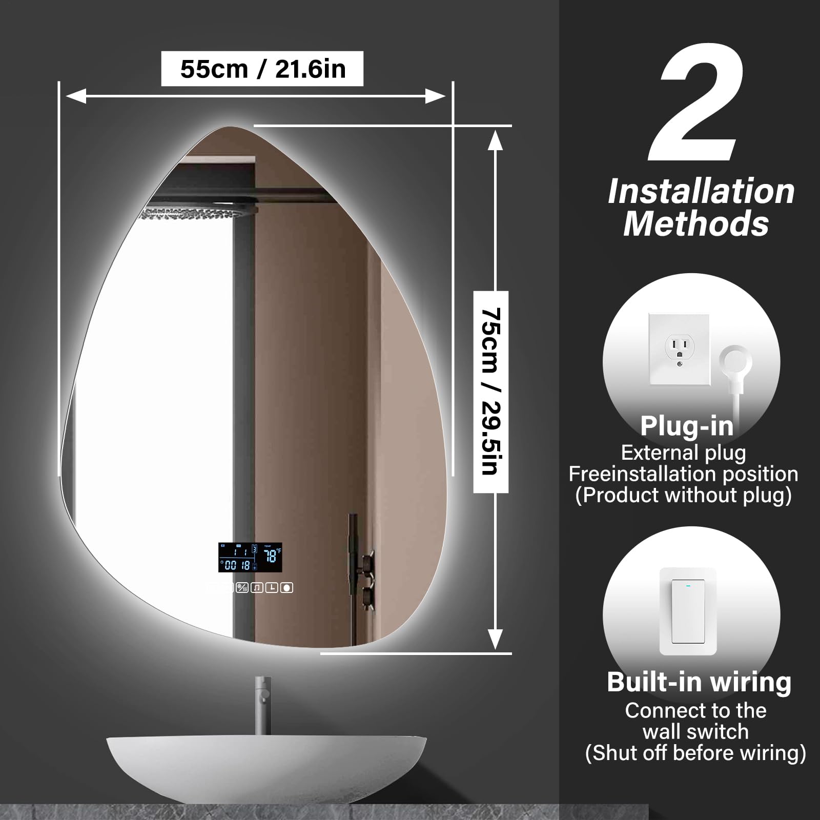 Miroir de salle de bain avec éclairage, LED, 45 x 60 cm, interrupteur tactile, intensité variable, 3 couleurs de lumière, anti-buée, fonction mémoire, haut-parleurs Bluetooth, protection contre