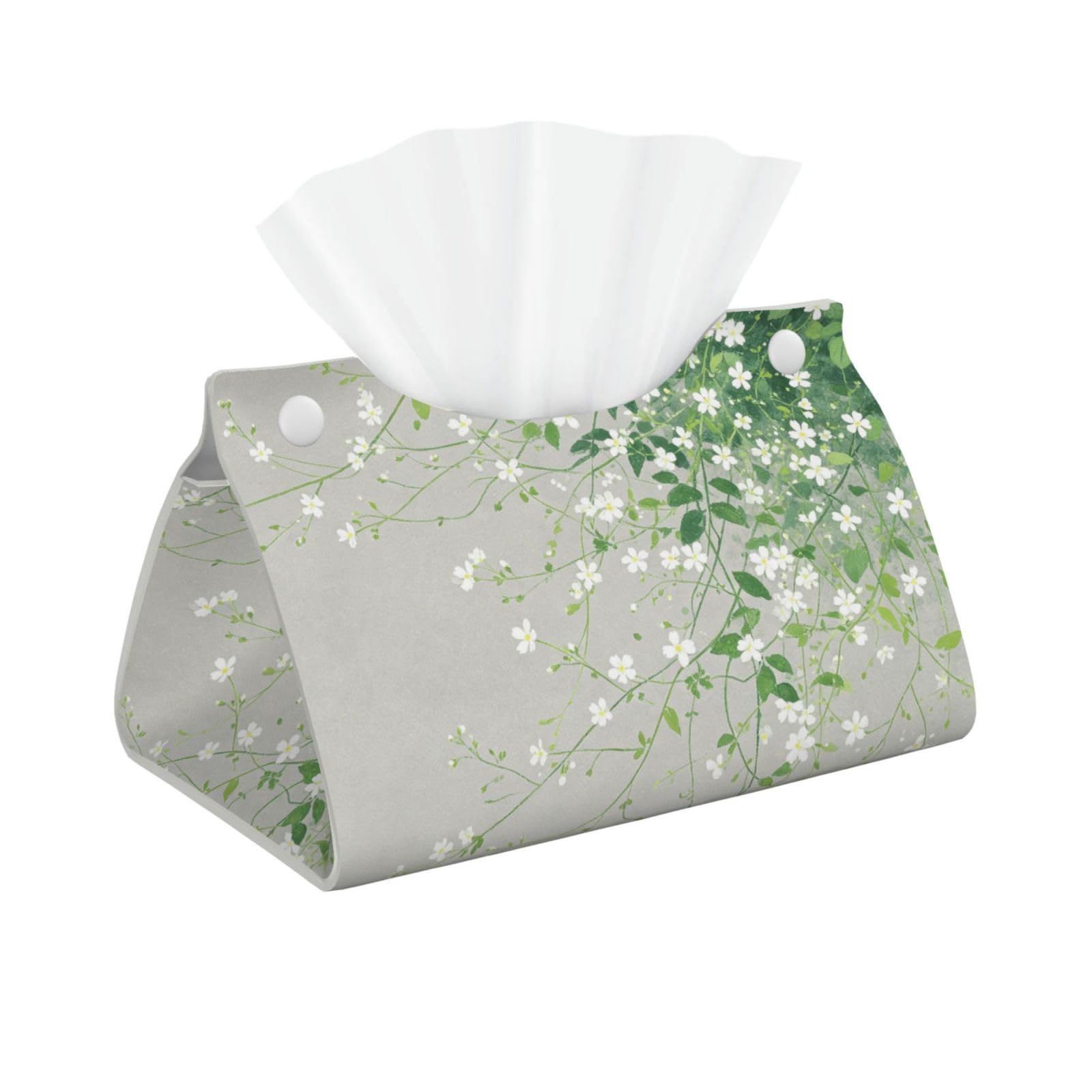White Flower Vine Long Leather Tissue Box Cover-Waterproof PU Leather Tissue Holder for Bathroom, Decorative Rectangular Tissue Case