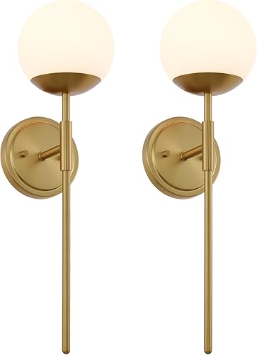 Juego de 2 apliques de pared de latón envejecido, modernos apliques de tocador de baño, lámparas de tocador con vidrio ópalo globo, lámpara de pared