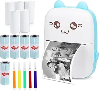 Impresora térmica de etiquetas con recarga USB, impresora de fotos inalámbrica Bluetooth portátil compatible con Android o iOS con 10 rollos de papel térmico (azul)