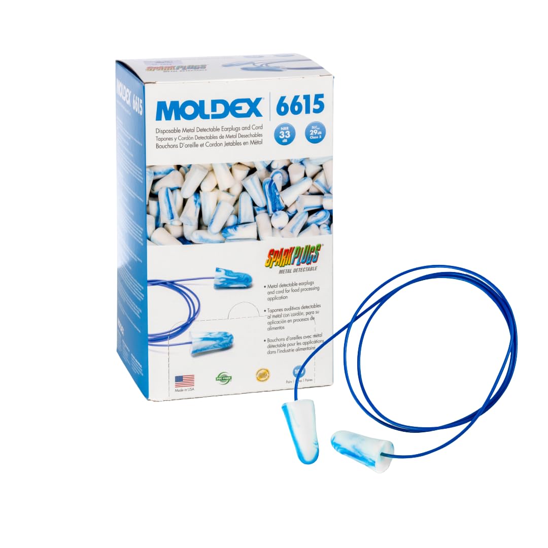 Moldex SparkPlugs® Metal Detectable Corded Disposable Foam Earplug 6615, NRR 33dB