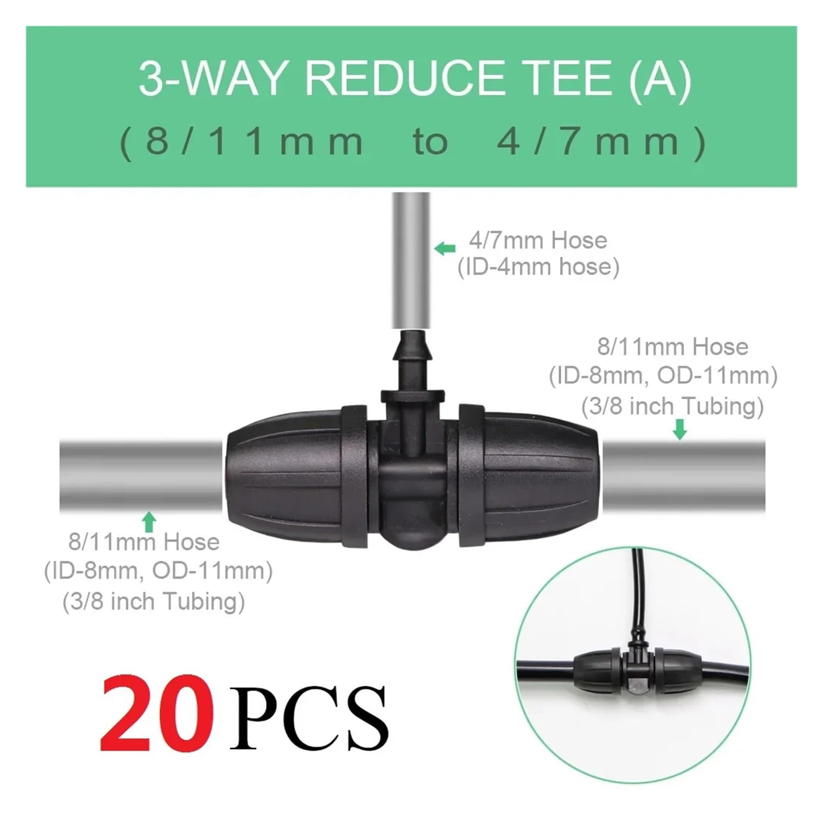 Conector de manguera agua 8/11mm, adaptador acoplamiento bloqueo irrigador jardín, juntas riego 3/8 pulgadas for tubería(A x 20pcs)