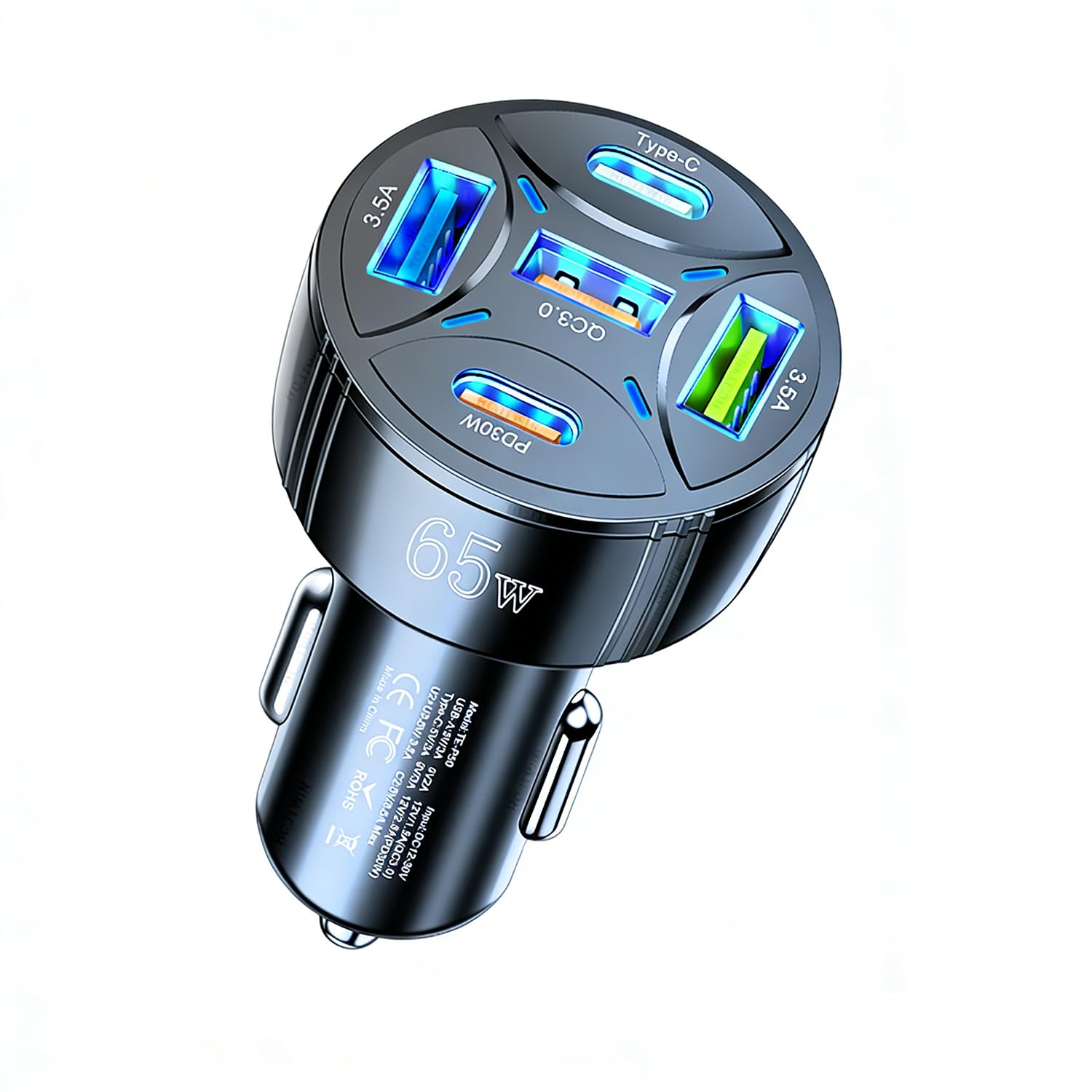 Cargador USB C de coche de 65 W 5 en 1 multipuerto PD30W y QC3.0 de carga ultra rápida, cargador USB para iPhone/Android/Samsung/iPad Pro y más (negro)