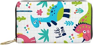 Carteiras femininas de couro genuíno dinossauros árvores tropicais cacto porta-cartão de crédito estojo com zíper organizador de embreagem de couro feminino bolsa longa de viagem, Dinossauros, árvores tropicais, cacto, 7x4.3x0.8 Inches