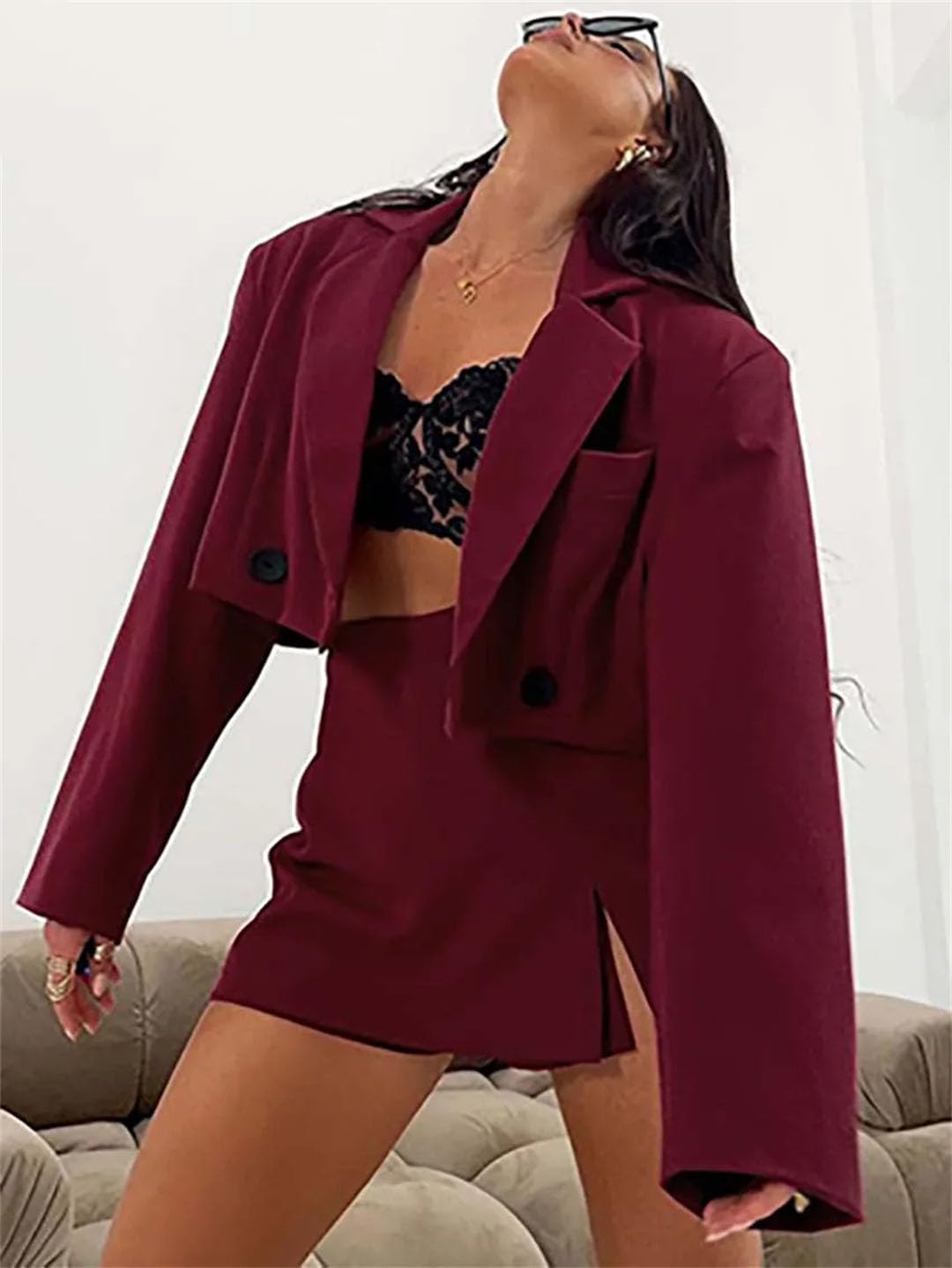 Womens Red 2 Piece Long Sleeve Single Button Crop Shirts and High Waisted Side Slit Mini Skirts Sets