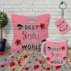 AWANI TRENDS Ceramic Gift For Sister Birthday Anniversary Gift Rakhi Gift Retrun Gift Combo-Printed Coffee Mug Cushion Cover(12X12 Inch) With Filler And Keychain 34, 200 TC